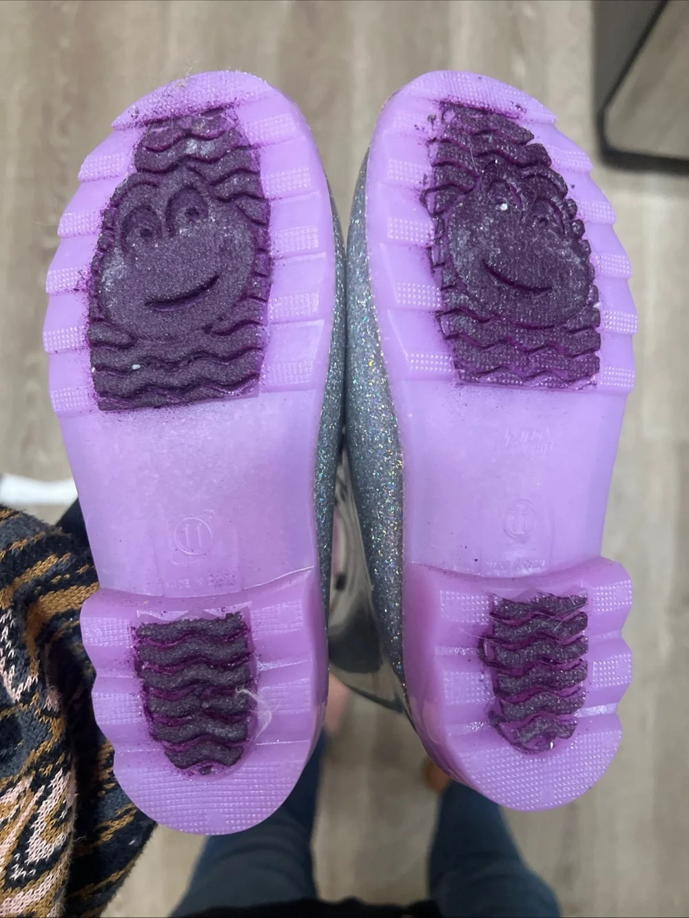Western Chief Silver Glitter Light-Up Kids Rain Boots with Purple Heart Handles